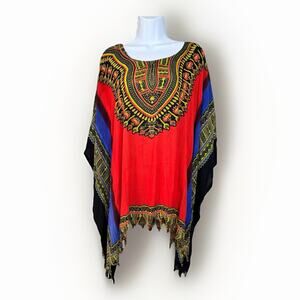 VTG Santé Classics Dashiki Kaftan Tunic Top Multicolor Boho Fringe Hem One Size